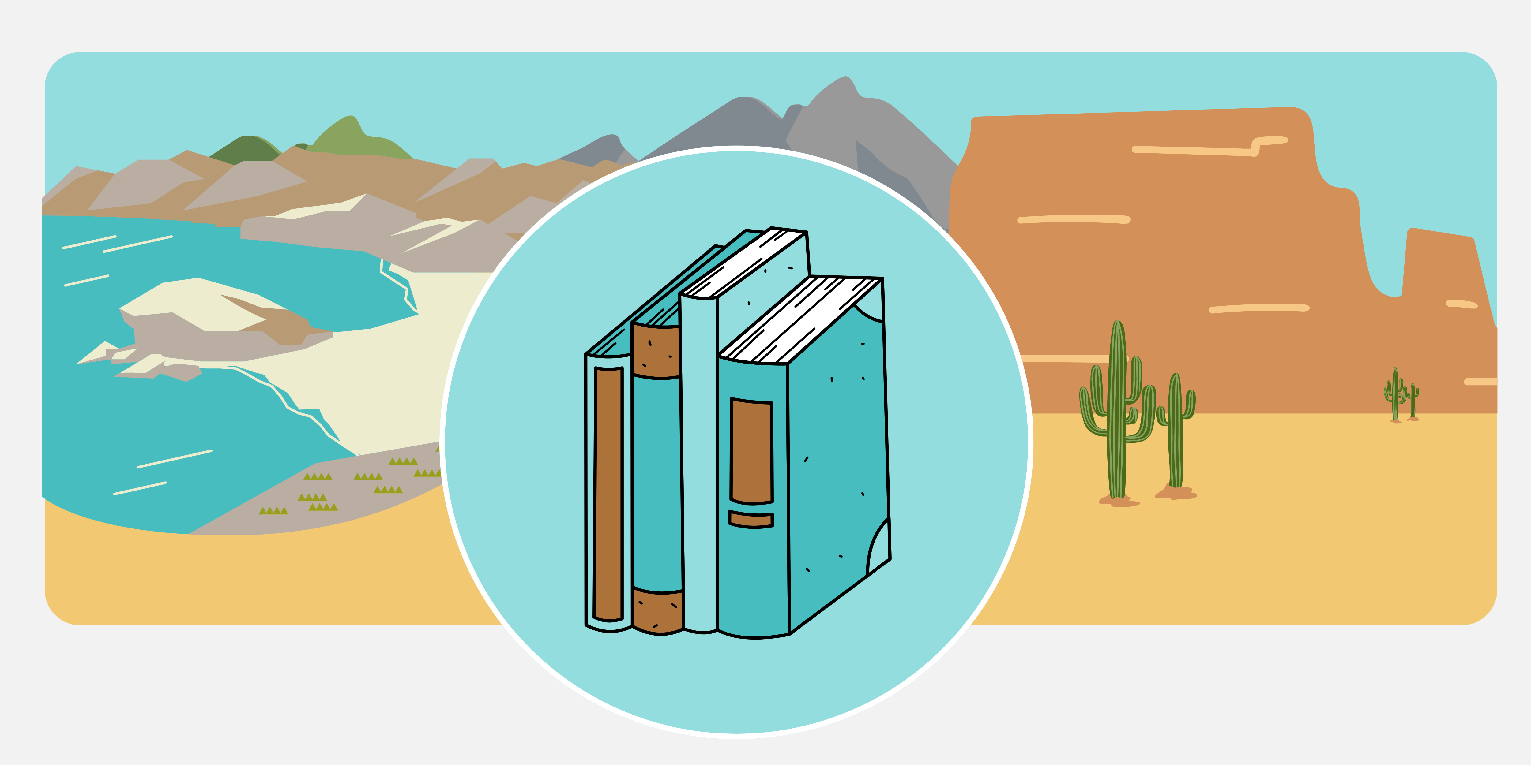 Illustration of the desert, mountains, and ocean with a book over them to represent bookstores in the west